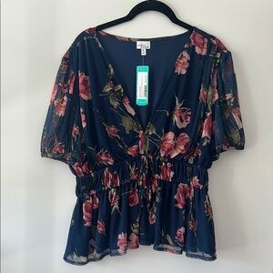 Madison & berkley NWT navy floral Blouse with Ruffled Smocked Details